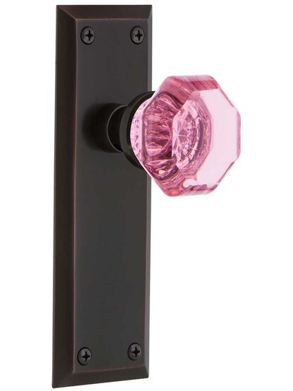 New York Door Set with Colored Waldorf Crystal Glass Knobs Pink in Timeless Bronze.